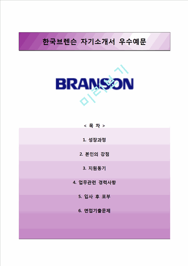 [한국브렌슨자기소개서] 한국브렌슨자소서와 면접예상문제,한국브렌슨합격자기소개서,한국브랜슨자소서항목.hwp